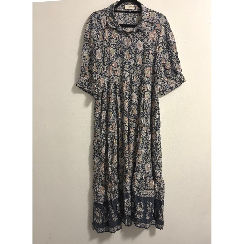 Natural Life Navy Blue Floral Tiered Maxi Dress Womens XL Short Sleeve Boho